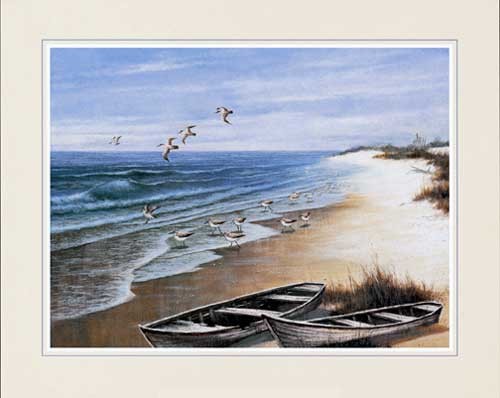 Zwei Boote am Strand und Möwen- Kunstdruck 56x71 cm